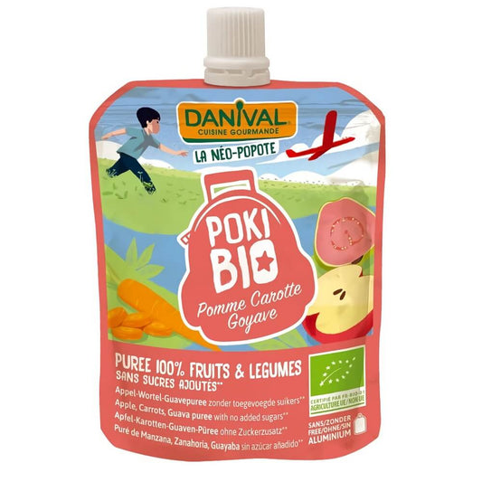 Bio Apfel, Karotte und Guavenpüree von DANIVAL, 100 % Frucht, ohne Zuckerzusatz, in 90 g Packung