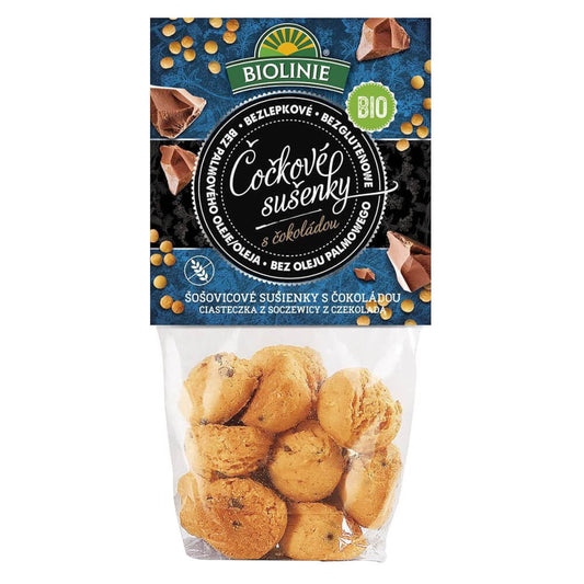 Glutenfreie Linsenkekse mit Schokolade von BIO LINIE, 100 g, close-up Ansicht der Schokoladenlinsen in den Keksen