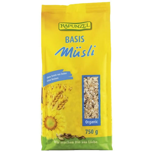 Bio-Getreidemüsli von RAPUNZEL in 750 g Packung, zeigt eine Schale mit knusprigem Müsli und frischen Getreideflocken.