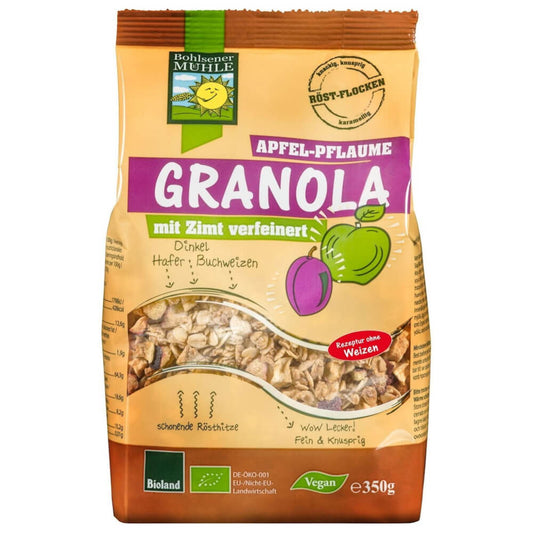 Bio-Granola mit Apfel und Pflaume von BOHLSENER MÜHLE, 350 g, inklusive fruchtiger Getreidemischung in einer Packung