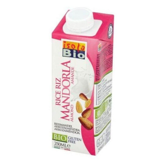 Glutenfreies Mandelreisgetränk BIO von ISOLA BIO in 250 ml Flasche, cremige pflanzliche Milchalternative, Nahaufnahme