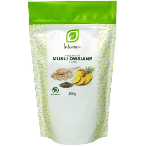 Glutenfreies Müsli mit Chiasamen von INTENSON, 200g, im offenen Beutel mit Chiasamen und Getreide.