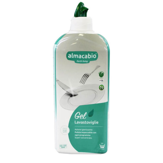 BIO Geschirrspülgel von ALMACABIO, 500 ml Flasche mit grünem Etikett und Spülschwamm, umweltfreundliche Reinigung