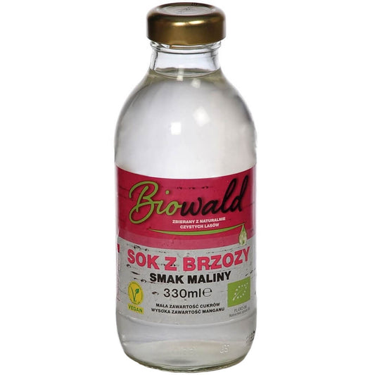 Bio Birken-Himbeersaft in 330 ml Flasche von BIOWALD, mit frischen Himbeeren und Birkenextrakt auf dem Bild.
