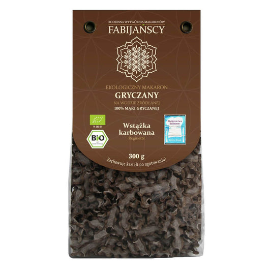 Geripptes Bio-Buchweizennudeln, FABIJAŃSCY, 300 g, trockene Pasta in Packung sichtbar