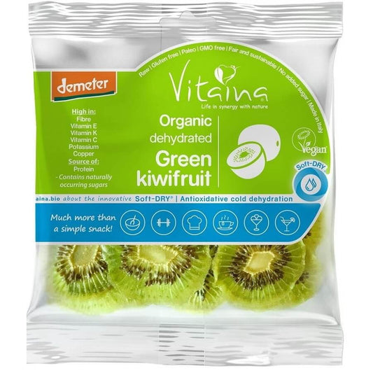 Getrocknete grüne Kiwi von VITAINA, roh und glutenfrei, BIO, 28 g, Nahaufnahme der grünen Kiwi-Früchte.