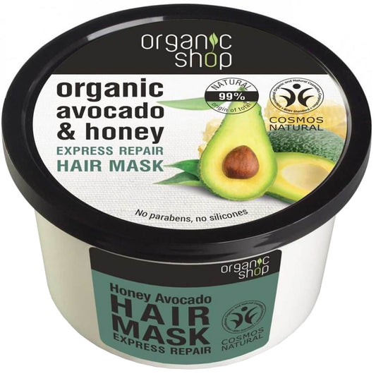 Regenerierende Haarmaske mit Honig und Avocado von ORGANIC SHOP, 250 ml, für geschmeidiges, gepflegtes Haar.