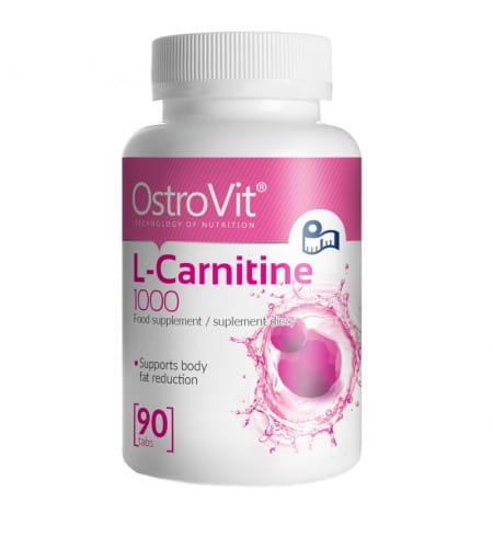 L-Carnitin 1000 mg Nahrungsergänzung, 90 Tabletten von OSTROVIT, zeigt die Verpackung und Tabletten in der Dose