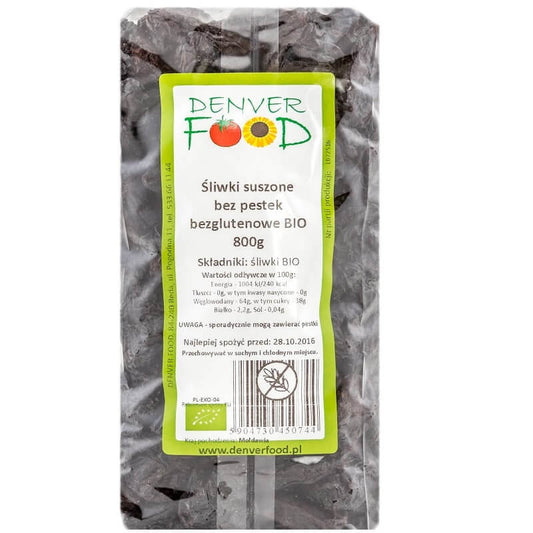 Glutenfreie Bio-Trockenpflaumen von Denver Food, 800g, in einer offenen Packung, frisch und saftig.