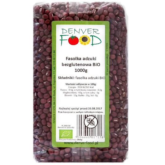 Glutenfreie Adzukibohnen BIO von Denver Food in 1000g Packung, getrocknet und rosafarben, für gesunde vegane Gerichte.