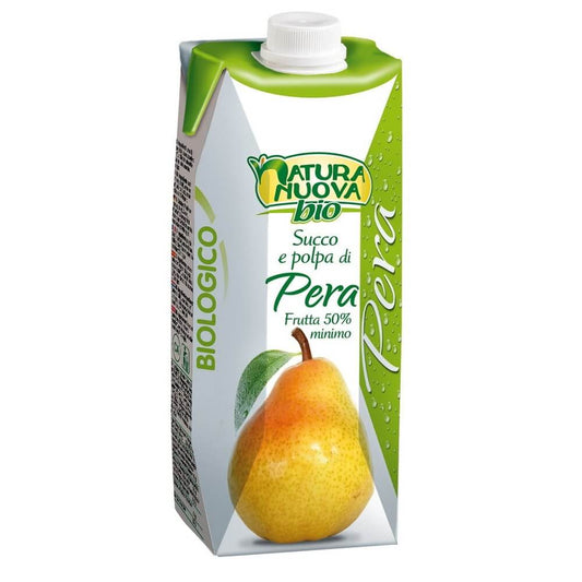 Bio Birnennektar von Natura Nuova in 750 ml Flasche, frisch und natürlich, zeigt die gelbe Birne auf der Flasche.