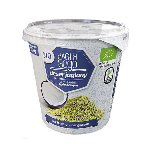 Glutenfreies Hirse-Kokos-Dessert von YOGO, Bio, in einer Schüssel, cremige Textur, mit Kokosflocken und Hirse.