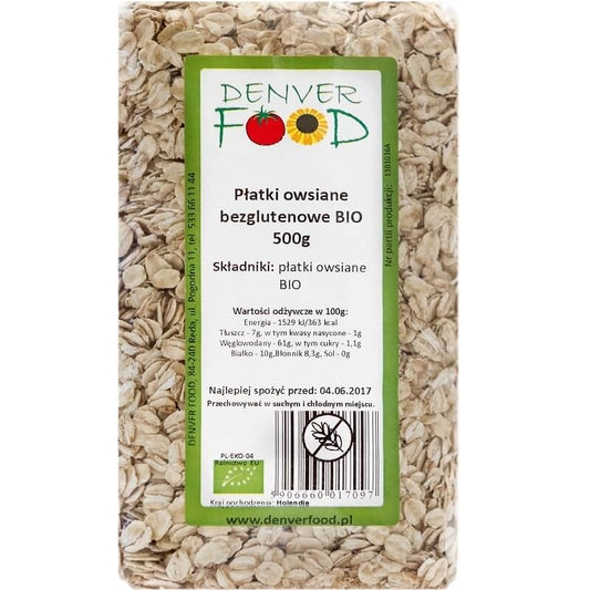 Glutenfreie Bio-Haferflocken von DENVER FOOD in 500g Packung, Nahaufnahme der Haferflocken in einer Schüssel
