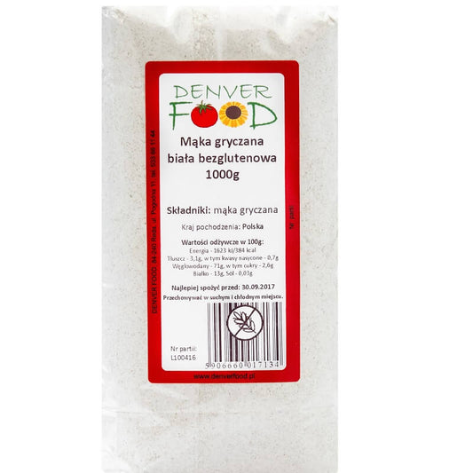 Glutenfreies weißes Buchweizenmehl von DENVER FOOD, 1000 g, feines Mehl in einer Verpackung.