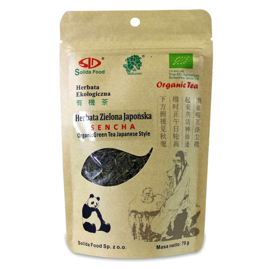Grüner Bio-Tee Sencha von SOLIDA FOOD, 70 g Packung, frischer grüner Tee mit feinem Geschmack, in der Verpackung sichtbar