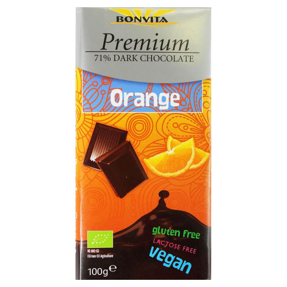 Edelbitterschokolade 71% mit Orangenstückchen laktosefrei glutenfrei (mit Reisdrink) BIO 100 g - BONVITA