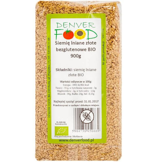 Goldener, glutenfreier BIO Leinsamen von Denver Food, 900g, Nahaufnahme der Leinsamen in einer Verpackung