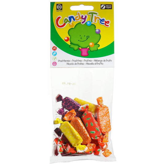 Bio glutenfreie Bonbons von CANDY TREE in 75 g Verpackung, bunte Frucht- und Fruchtgummi-Designs sichtbar