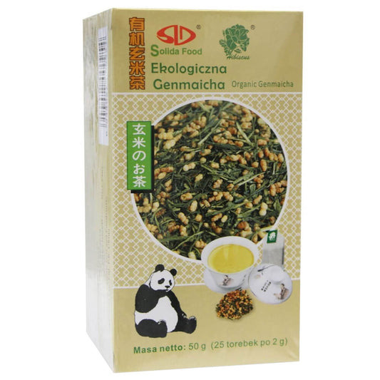 Grüner Bio-Genmaicha Tee in Teebeuteln von SOLIDA FOOD, 25 x 2 g, mit geröstetem Reismehl und grünen Teeblättern.
