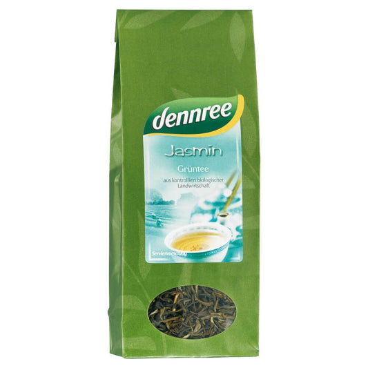 Grüner Jasminblättertee BIO in 100 g Packung, frische grüne Teeblätter mit Jasminaroma, von DENNREE.