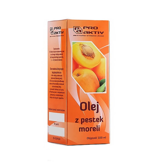 Aprikosenkernöl von PRO AKTIV in einer 100ml Flasche, klare Sicht auf das goldene Öl in der Flasche.