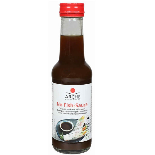 Fischfreie Bio-Sojasauce mit Meeresalgen von ARCHE in 155 ml Flasche, dunkle Flüssigkeit mit Meeresalgen-Ambiente.