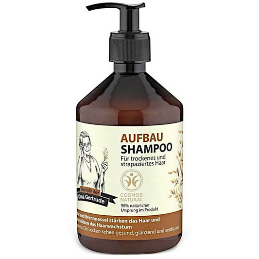 ECO 500 ml aufbauendes Shampoo von OMA GERTRUDE, flüssiges Shampoo in einer weißen Flasche mit grünem Deckel