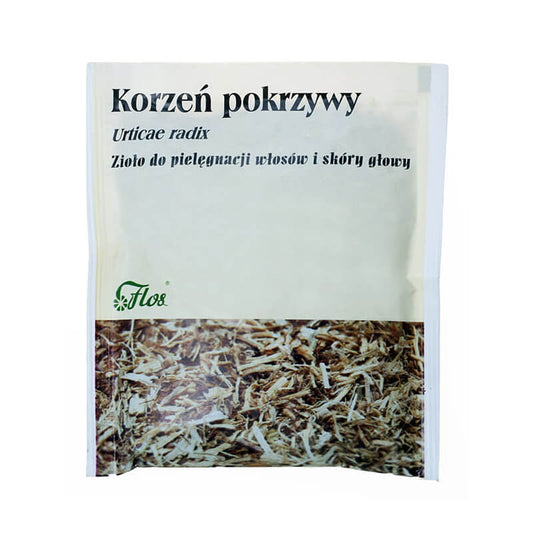 Brennnesselwurzel 50g von FLOS, getrocknet und fein geschnitten in einer transparenten Verpackung.