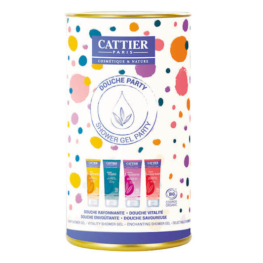 Geschenkset mit 4 CATTIER Öko-Duschgels, 4x40 ml, verschiedene natürliche Duftrichtungen, umweltfreundliche Pflegeprodukte.