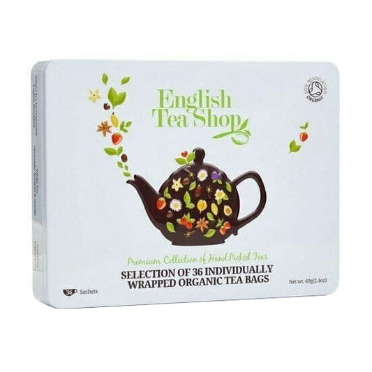 Weiße Dose mit BIO-Teeset von ENGLISH TEA SHOP, 69 g, dekoratives Teesortiment in eleganter Verpackung