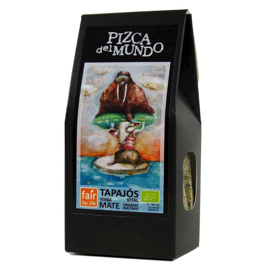 Bio Yerba Mate Tapajos Vital (Stärkung) von PIZCA DEL MUNDO, 100 g, getrocknete Blätter in einer Verpackung.
