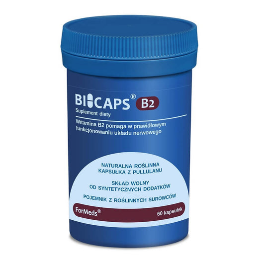 BICAPS Vitamin B2 Riboflavin 40 MG in 60 FORMEDS-Kapseln, close-up der Flasche mit Kapseln und Etikett