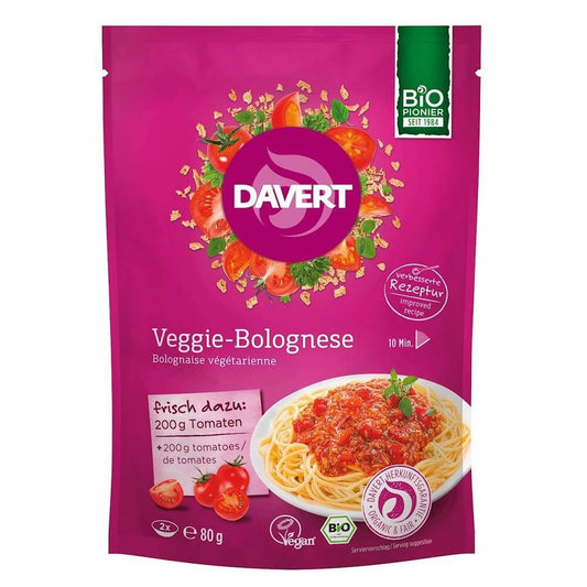 Bio Bolognese-Sojasaucenmischung von DAVERT in 80 g Verpackung, zeigt die aromatische Mischung in einer Schale.