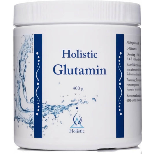 Glutamin 400g von HOLISTIC, hochwertiges Nahrungsergänzungsmittel in einer weißen Dose, Nahaufnahme der Verpackung.