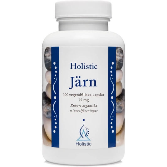 Eisenjärn 25mg von HOLISTIC in 100 Kapseln, Nahaufnahme der Produktverpackung und Kapseln vor weißem Hintergrund
