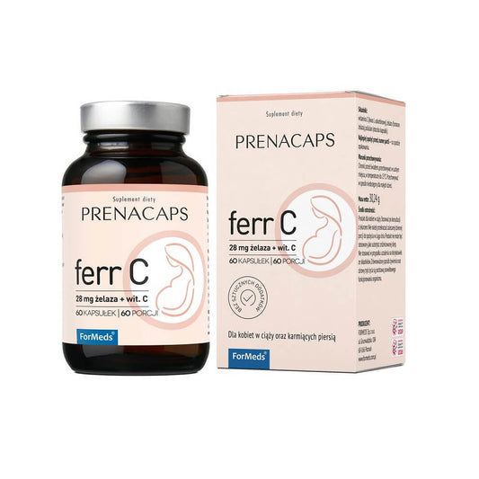 Ferr C Eisen 28 mg mit Vitamin C in 60 Kapseln von FORMEDS, zeigt die Packung und Kapseln auf weißem Hintergrund.