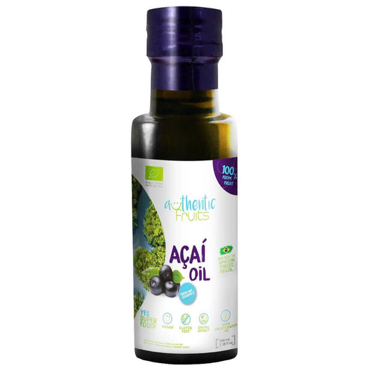 Glutenfreies Bio-Acai-Öl von AUTHENTIC FRUITS in 100 ml Flasche, zeigt frische Acai-Beeren und das Produkt in der Flasche