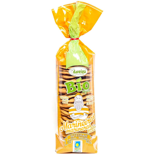 Vollkorncracker von DAVEIGA, BIO, 180 g, knusprige Vollkorn-Snacks auf einem weißen Teller.