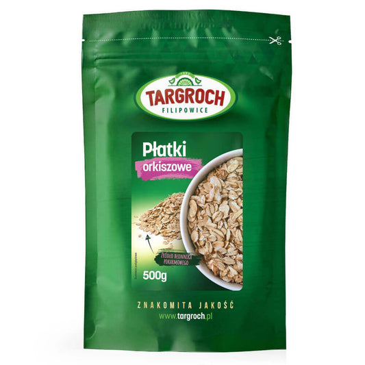 Dinkel Flocken 500g von TARGROCH, Nahaufnahme der getrockneten Dinkelkörner in einer Schüssel