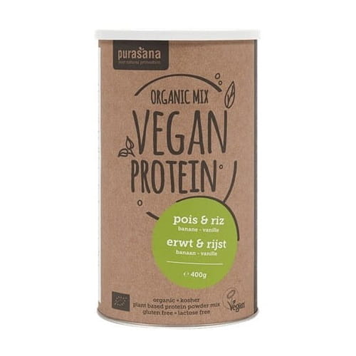 Bio Erbsen- und Reisproteinisolat mit Bananen-Vanille-Geschmack, laktosefrei und glutenfrei, in 400 g Packung, von PURASANA