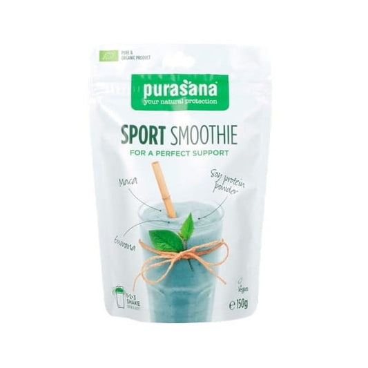Glutenfreier, laktosefreier Bio-Sportsmoothie von PURASANA in 150 g Verpackung, zeigt frisches Fruchtpüree und Smoothie-Zutaten.