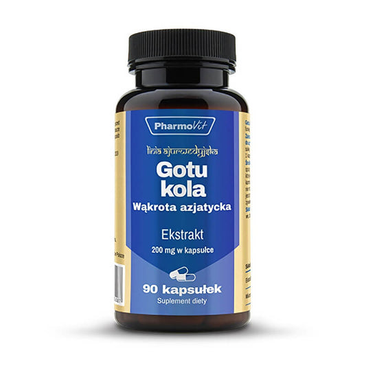Asiatischer Wassernabel Gotu Kola Extrakt 20:1, 200mg, in 90 Kapseln, von PHARMOVIT, Nahaufnahme der Kapseln und Verpackung