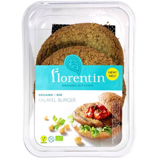 Bio Falafelburger von FLORENTIN, 180 g, gegrillter vegetarischer Burger mit Kichererbsen und frischen Kräutern, auf einem Teller serviert