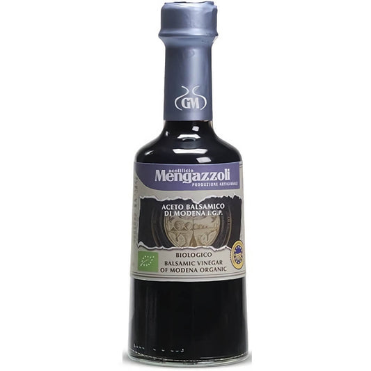 Bio Balsamessig aus Modena von MENGAZZOLI in 250 ml Flasche, dunkler Essig mit glänzender Oberfläche