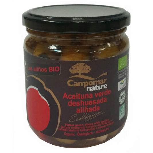 Entkernte grüne BIO Oliven mit Gewürzen in einer Glasdose, von CAMPOMAR NATURE, 350 g.