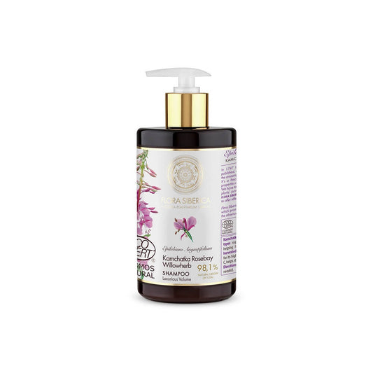 Haarshampoo mit Volumen von NATURA SIBERICA, 480 ml Flasche, zeigt schäumendes Shampoo in einer weißen Flasche.