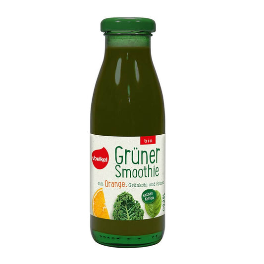 Bio Grünkohl-Orangen-Spinat-Smoothie von VOELKEL in 250 ml Flasche, zeigt grünen Smoothie mit Orangen- und Spinatstücken