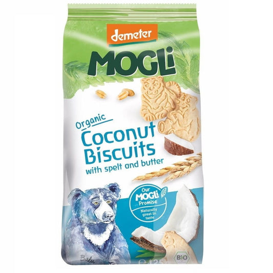 BIO-Kokosplätzchen von MOGLI, 125 g, frisch gebackene Kekse mit Kokosnuss, auf weißem Hintergrund fotografiert.