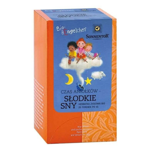 Süße Träume Engelzeit Tee von SONNENTOR, 20 g, mit Kräutern und Blüten, in einer transparenten Verpackung, Detailaufnahme