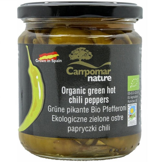 Grüne scharfe BIO Chilischoten von CAMPOMAR NATURE in 350 g Verpackung, frische und scharfe Paprika.
